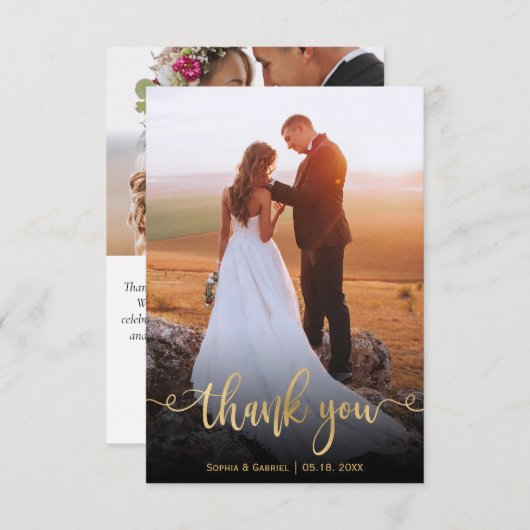 Modern Goud Handgeschreven Script Foto Bruiloft Bedankkaart (Voorkant / Achterkant)