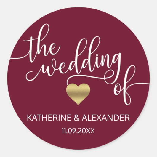 Modern Goud Hart Bourgondië HET HUWELIJK VAN zeeho Ronde Sticker (Voorkant)