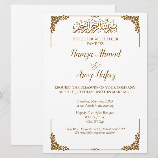 Modern Goud Islamitisch Moslim Bruiloft Kaart (Voorkant / Achterkant)