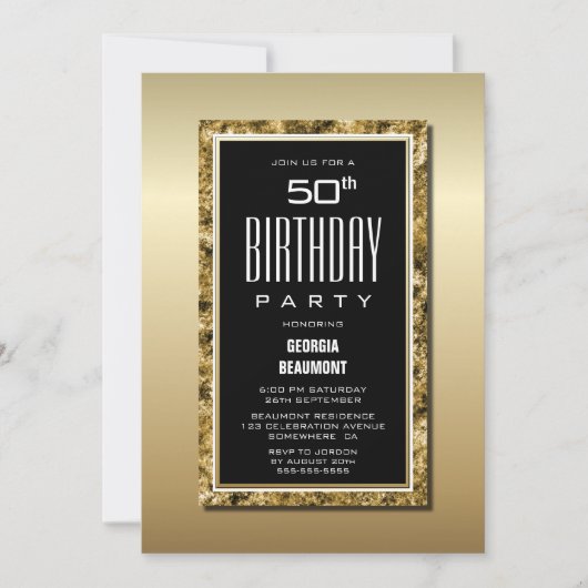 Modern Goud Lijst Zwart 50ste Verjaardagsfeest Kaart (Voorkant)