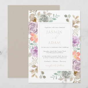 Modern Goud Lila Perzik Bloemen Huwelijk Kaart