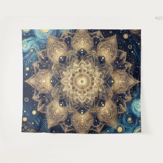 Modern Goud Mandala Blauw Sterrennacht Celestial Wandkleed (Voorkant (horizontaal))