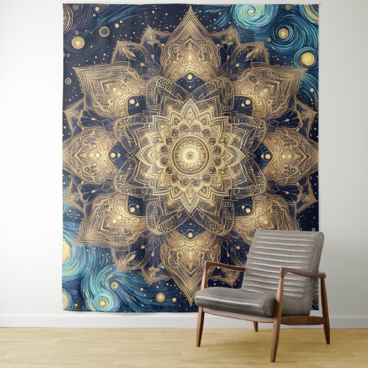 Modern Goud Mandala Blauw Sterrennacht Celestial Wandkleed (In situ)