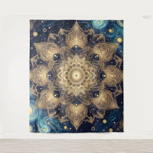 Modern Goud Mandala Blauw Sterrennacht Celestial Wandkleed (Voorkant)