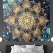 Modern Goud Mandala Blauw Sterrennacht Celestial Wandkleed