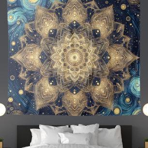 Modern Goud Mandala Blauw Sterrennacht Celestial Wandkleed