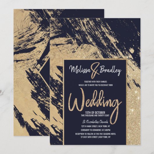 Modern Goud Marine Blauw Glitter Brushstrokes Brui Kaart (Voorkant / Achterkant)