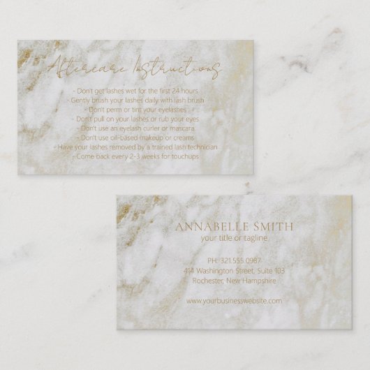 Modern Goud Marmer Elegante Wimpers Aftercare Visitekaartje (Voorkant / Achterkant)