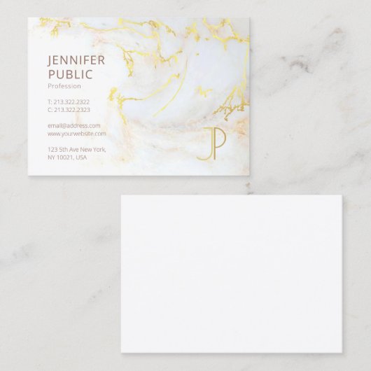 Modern Goud Marmer Monogram Elegante Sjabloon Luxe Visitekaartje (Voorkant / Achterkant)