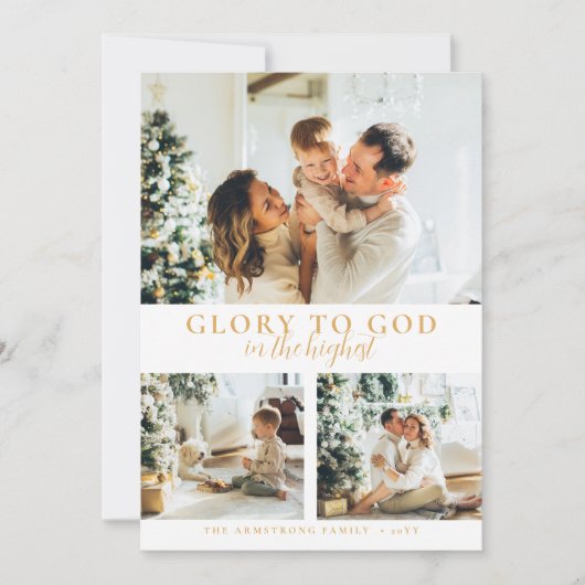 Modern Goud Minimalistisch Religieus 3 Foto Kerstm Feestdagenkaart (Voorkant)