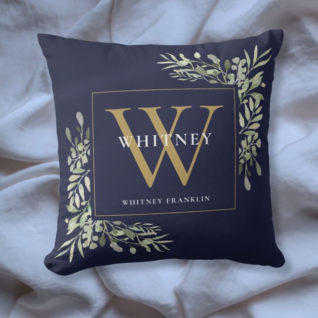Modern Goud Monogram Groenelementen Navyblauw Kussen (Modern Gold Monogram Greenery Navy Blue Throw Pillow)