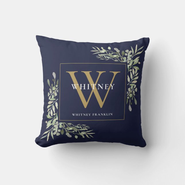 Modern Goud Monogram Groenelementen Navyblauw Kussen (Voorkant)