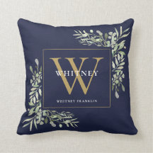Modern Goud Monogram Groenelementen Navyblauw