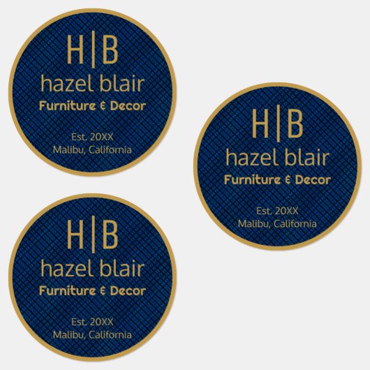 Modern Goud Monogram Logo Blauw Vierkantjes Patroo Labels (Groep)