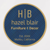 Modern Goud Monogram Logo Blauw Vierkantjes Patroo Labels (Design 1)