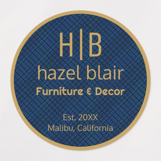 Modern Goud Monogram Logo Blauw Vierkantjes Patroo Labels (Design 1)