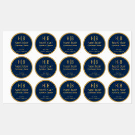 Modern Goud Monogram Logo Blauw Vierkantjes Patroo Labels