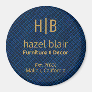 Modern Goud Monogram Logo Blauw Vierkantjes Patroo Magneet