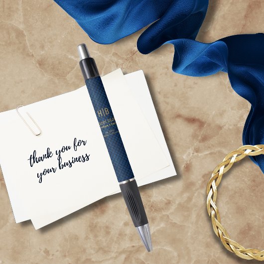 Modern Goud Monogram Logo Blauw Vierkantjes Patroo Pen