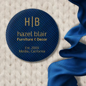 Modern Goud Monogram Logo Blauw Vierkantjes Patroo Ronde Button 3,2 Cm