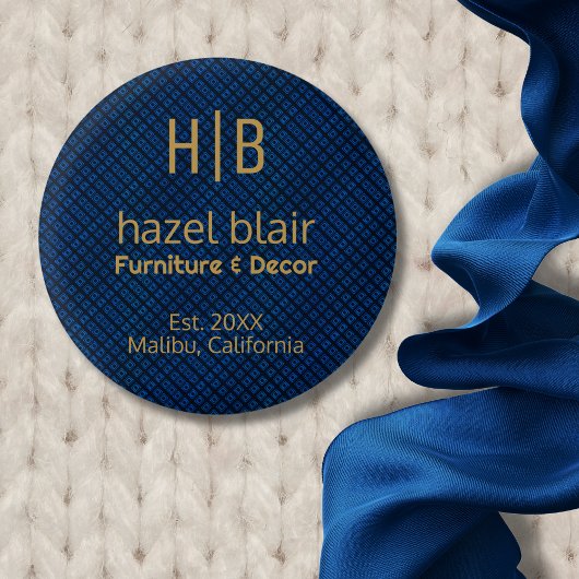 Modern Goud Monogram Logo Blauw Vierkantjes Patroo Ronde Button 3,2 Cm