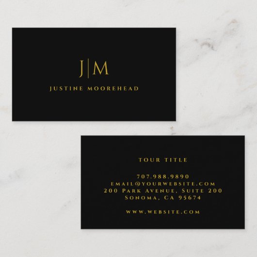 Modern Goud Monogram Minimalistisch Zwart Visitekaartje (Voorkant / Achterkant)