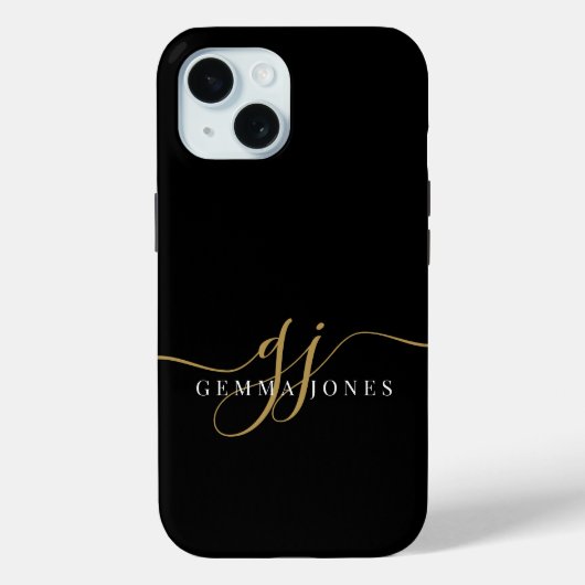 Modern Goud Monogram Vrouwelijk Script Naam Zwart Case-Mate iPhone Case (Achterkant)