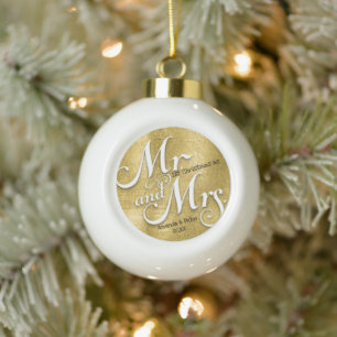 Modern goud onze eerste kerstfoto-Pas getrouwd Keramische Bal Ornament