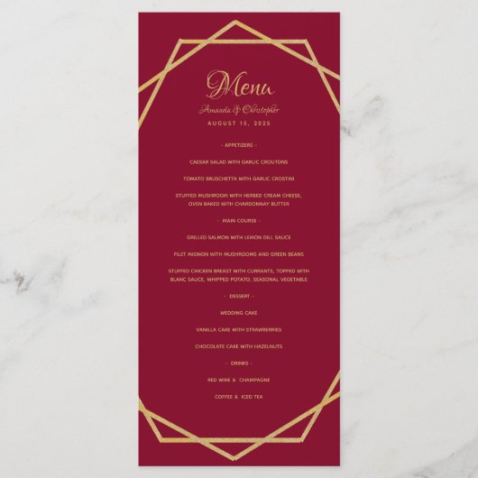 Modern Goud op Bourgogne Rode Geometrische Bruilof Menu (Voorkant)