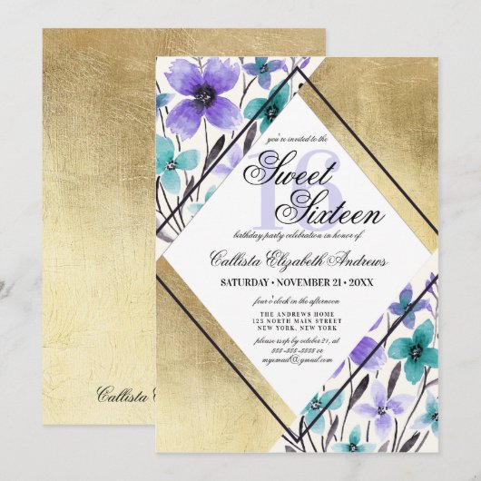 Modern Goud Paarse Blauwgroen Bloem Waterverf Swee Kaart (Voorkant / Achterkant)