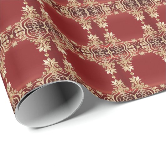 Modern goud rood bloemmotief inpakpapier (Rol Hoek)