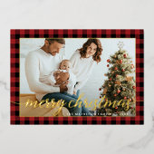 Modern Goud Rood zwart plaid foto Kerstmis Folie Feestdagenkaart (Voorkant)