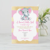 Modern Goud Roze Baby Meisje Olifant Uitnodiging (Staand voorkant)
