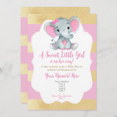 Modern Goud Roze Baby Meisje Olifant Uitnodiging (Voorkant / Achterkant)