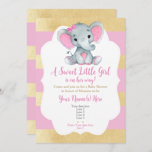 Modern Goud Roze Baby Meisje Olifant Uitnodiging (Voorkant / Achterkant)
