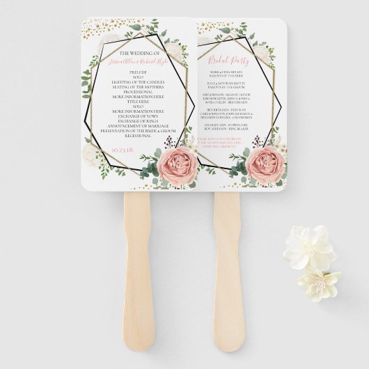 Modern Goud Roze Geometrisch Huwelijksprogramma Handwaaier (Voorkant en achterkant)