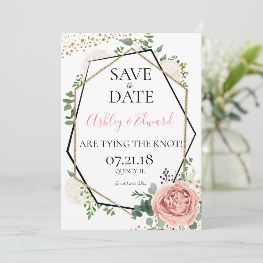 Modern Goud Roze Geometrisch Save the Date (Staand voorkant)
