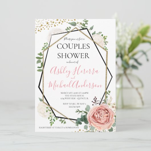 Modern Goud Roze Geometrische Koppels Douche Invit Kaart (Staand voorkant)