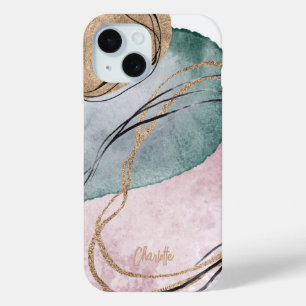 Modern goud roze groen faux glitter marmer iPhone 15 case