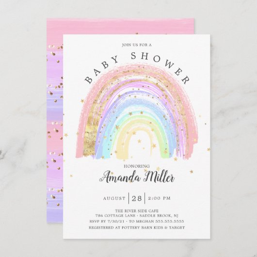 Modern Goud Roze Regenboog Baby shower Invitation Kaart (Voorkant / Achterkant)