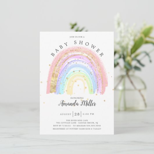 Modern Goud Roze Regenboog Baby shower Invitation Kaart (Staand voorkant)