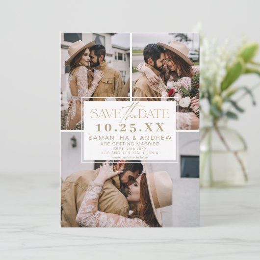 Modern goud save the date 3 foto's grid collage (Staand voorkant)