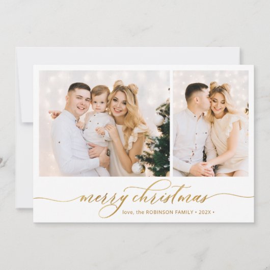 Modern Goud Script 2 Fotocollage Kerstmis Feestdagenkaart (Voorkant)