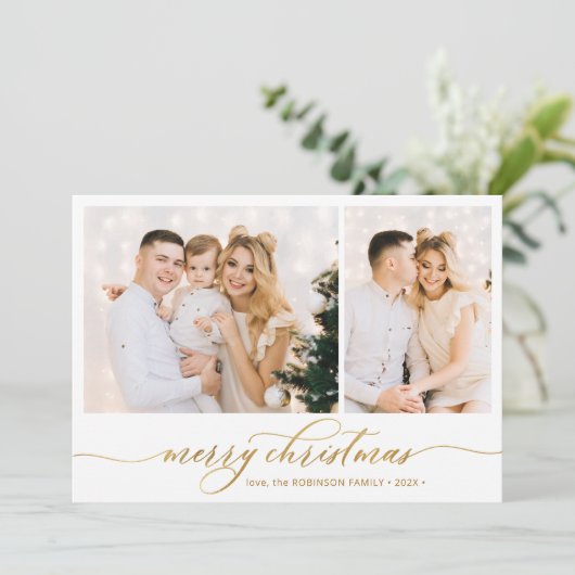 Modern Goud Script 2 Fotocollage Kerstmis Feestdagenkaart (Staand voorkant)