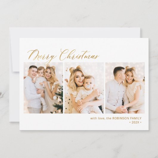 Modern Goud Script 3 Multi Photo Christmas Feestdagenkaart (Voorkant)