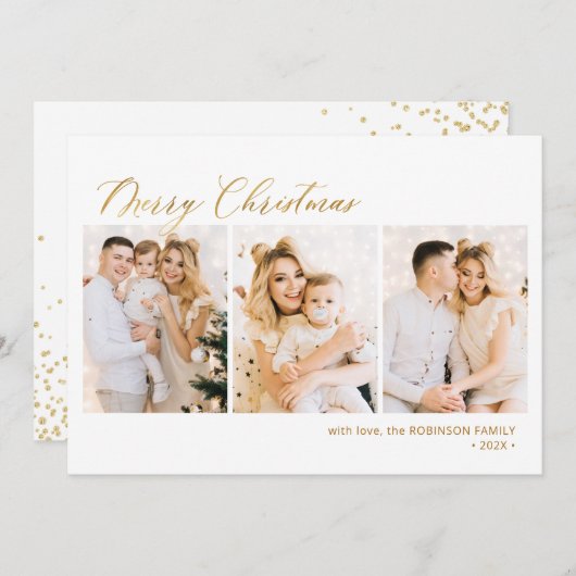 Modern Goud Script 3 Multi Photo Christmas Feestdagenkaart (Voorkant / Achterkant)