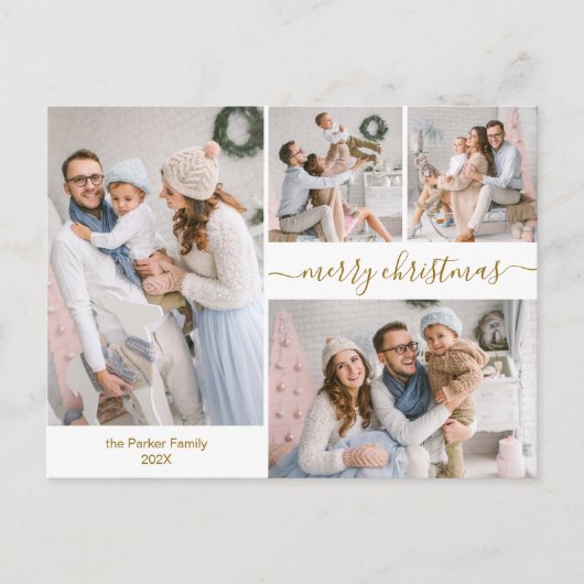 Modern Goud Script 5 Meerdere kerstfoto Briefkaart (Voorkant)