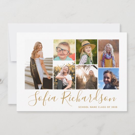 Modern Goud Script 7 Foto Minimalistisch Afstudere Kaart (Voorkant)