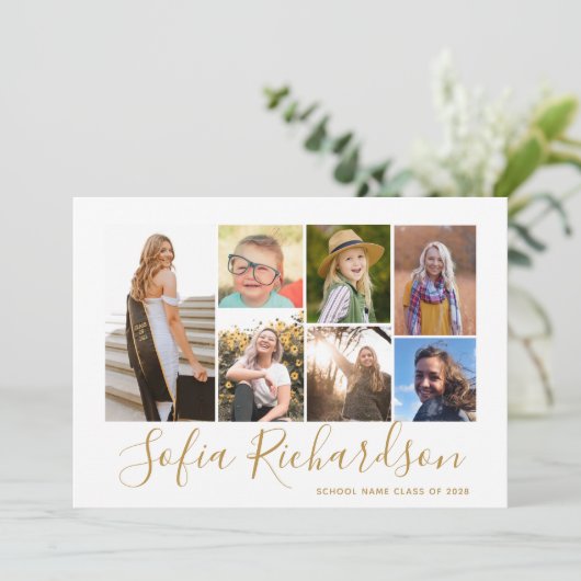 Modern Goud Script 7 Foto Minimalistisch Afstudere Kaart (Staand voorkant)