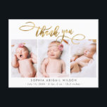 Modern Goud Script Baby Fotocollage Dank u Briefkaart<br><div class="desc">Modern Elegant Kalligrafie Gold Script 3 Fotocollage Pasgeboren Baby Dank u Geboorte Aankondiging Briefkaart. Beschikt over een mooie "dank u" tekst in een handgeschreven kalligrafie swash tail lettertype script in FAUX gouden folie op wit. Vooraf gemaakte persoonlijke boodschap en geboortestatistieken met de naam van de baby zijn inbegrepen. Geweldig voor...</div>